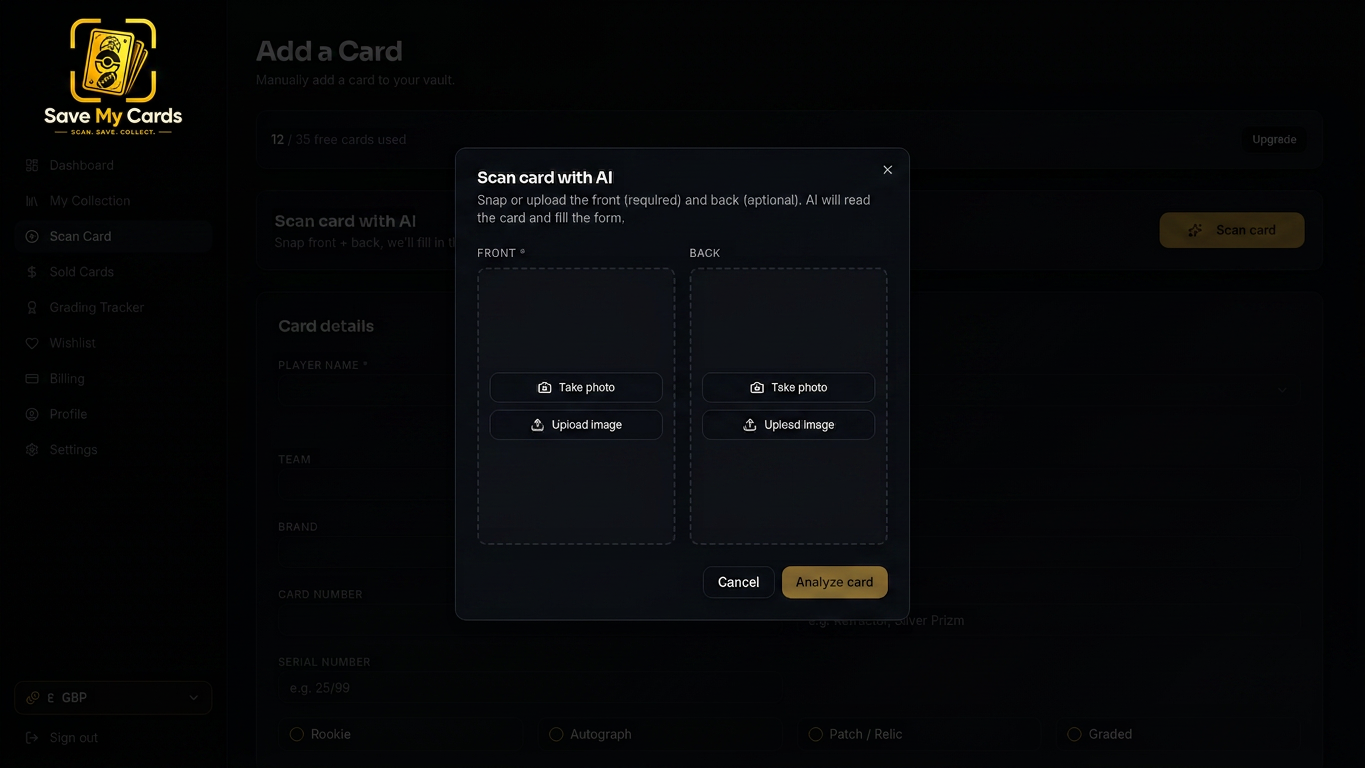 Save My Cards scan card dialog